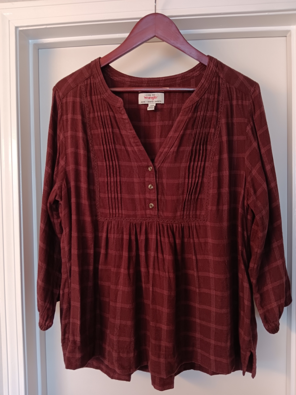 Wrangler Women's Red Plaid Pintuck Peasant Top